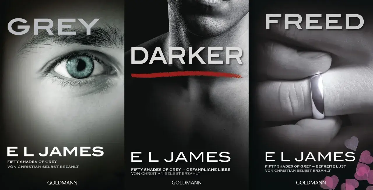 Drei Buchcover der Reihe "Fifty Shades of Grey": "Grey", "Darker" und "Freed" von E. L. James.