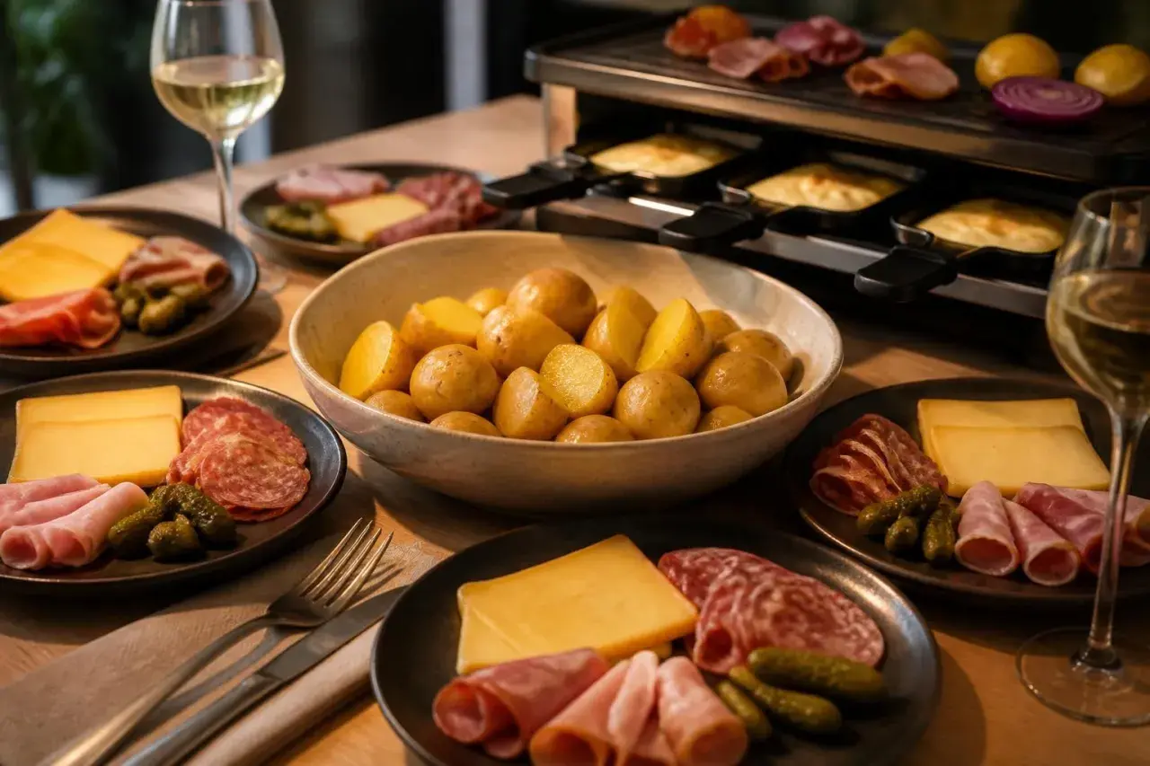 Un appareil à raclette chauffe, prêt pour un festin de pommes de terre, charcuterie et fromage. Une invitation à partager la raclette.