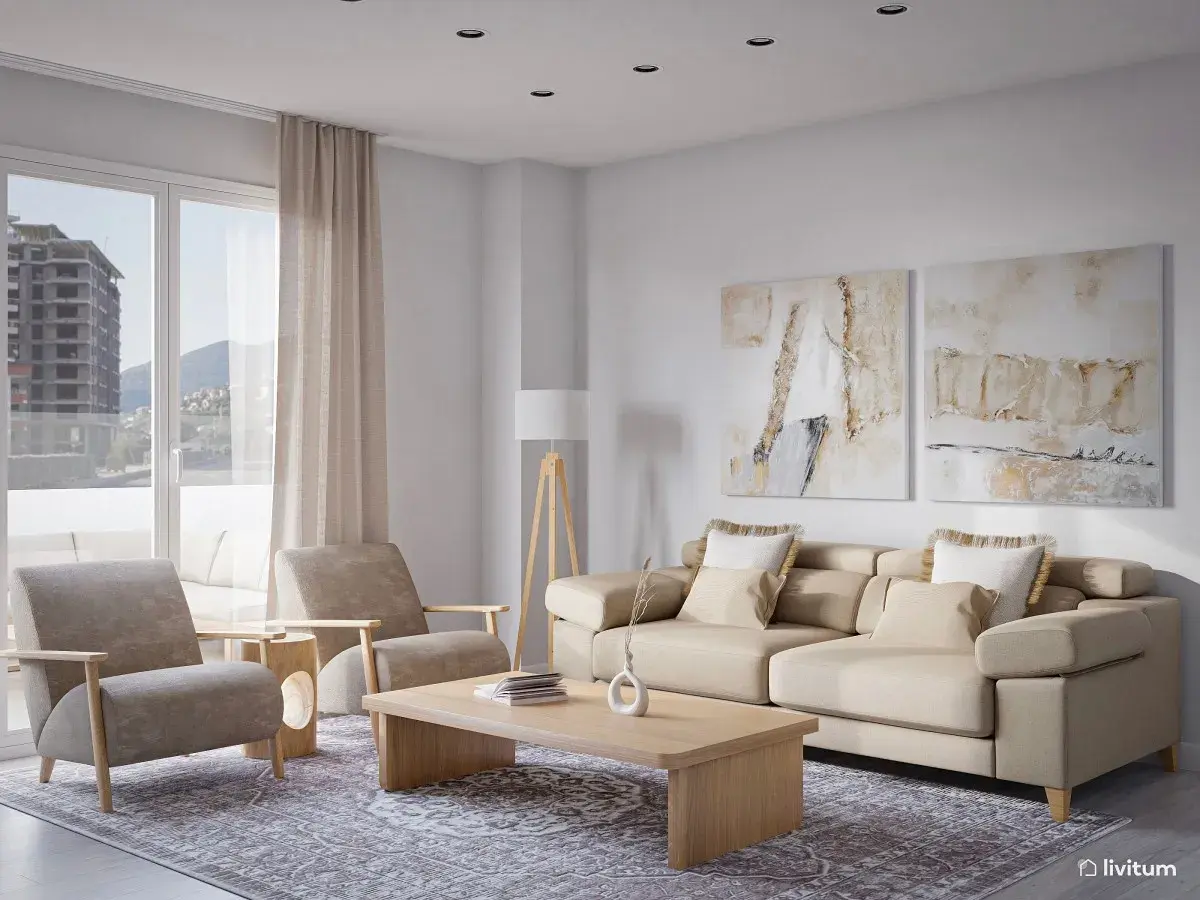 Sofá beige, dos sillones, mesa de centro de madera y una lámpara de pie trípode iluminan este salón moderno.