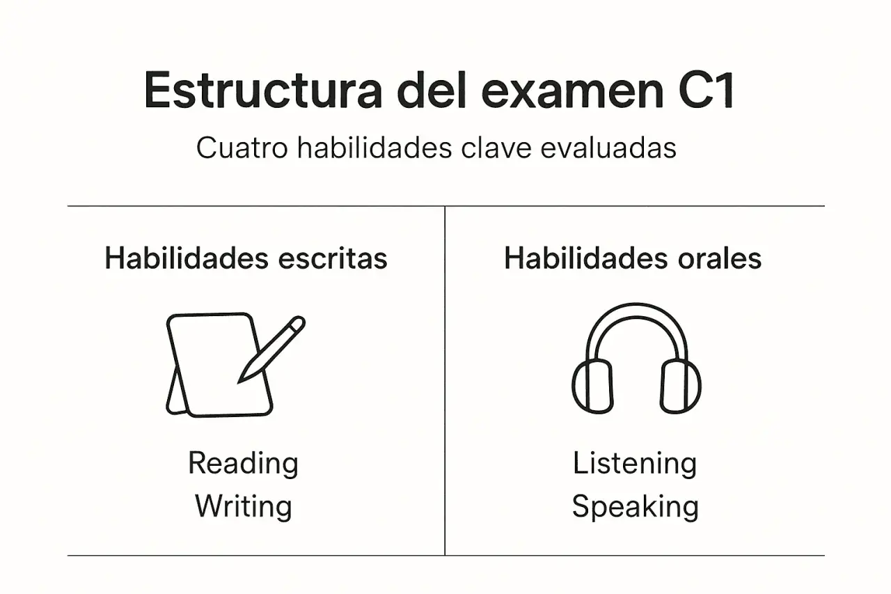 Estructura del examen C1: habilidades escritas (reading, writing) y orales (listening, speaking).