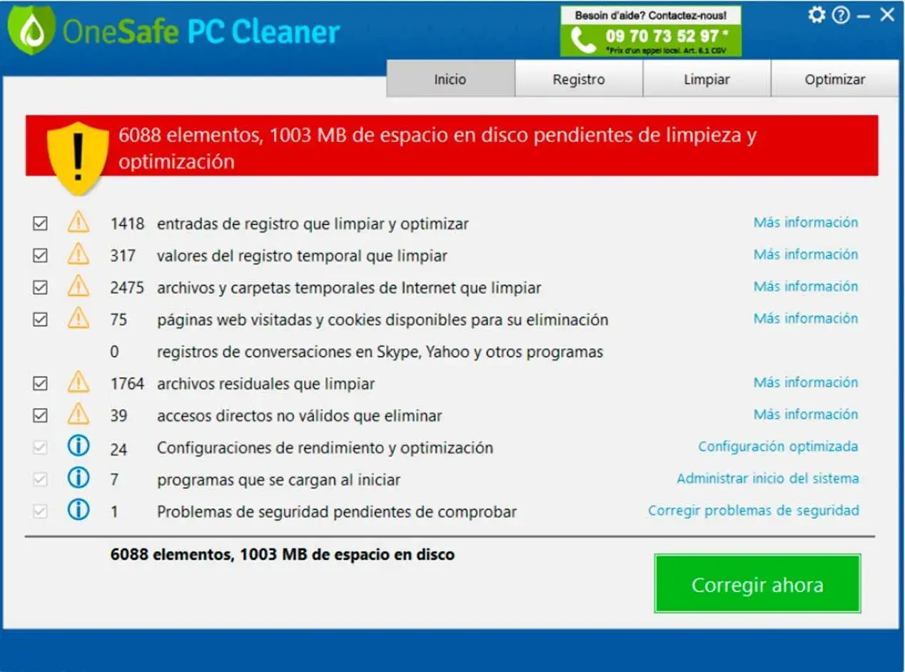 OneSafe PC Cleaner: limpiador de pc gratis en español para Windows 10. Muestra 6088 elementos y 1003 MB de espacio a liberar.