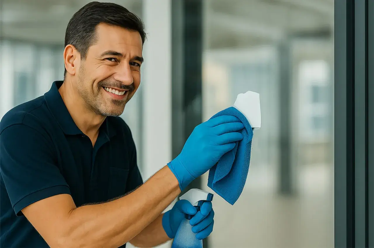 Uomo sorridente con guanti blu che pulisce una superficie metallica, usando uno spray e un panno per togliere etichette adesive dal metallo.