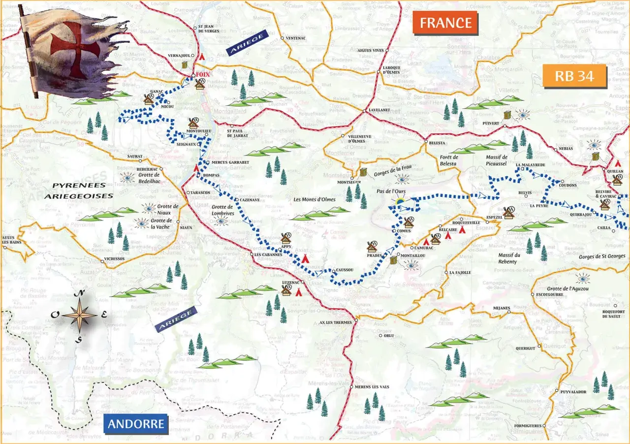 Carte des Pyrénées ariégeoises et des châteaux cathares, avec un drapeau historique et des sentiers de randonnée.