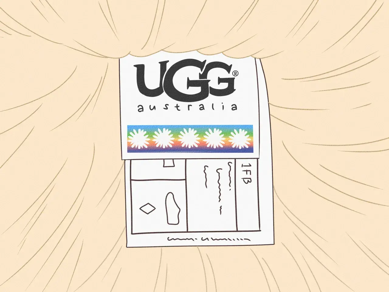 Metka z logo UGG Australia i tęczowym paskiem z kwiatkami. Podpowiada, jak rozpoznać oryginalne UGG.