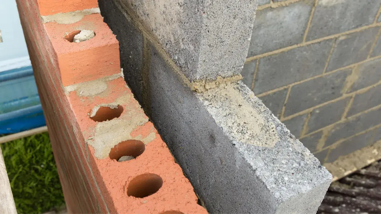 Dettaglio di una parete in costruzione con mattoni rossi forati e blocchi di cemento grigio. Si intravede lo spazio vuoto tra le due murature, ideale per l'**insufflaggio pareti**.
