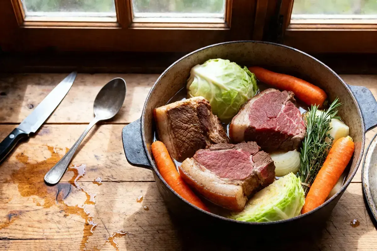 Une cocotte de potee au chou avec des morceaux de bœuf, des carottes, des oignons et des herbes, prête à mijoter.