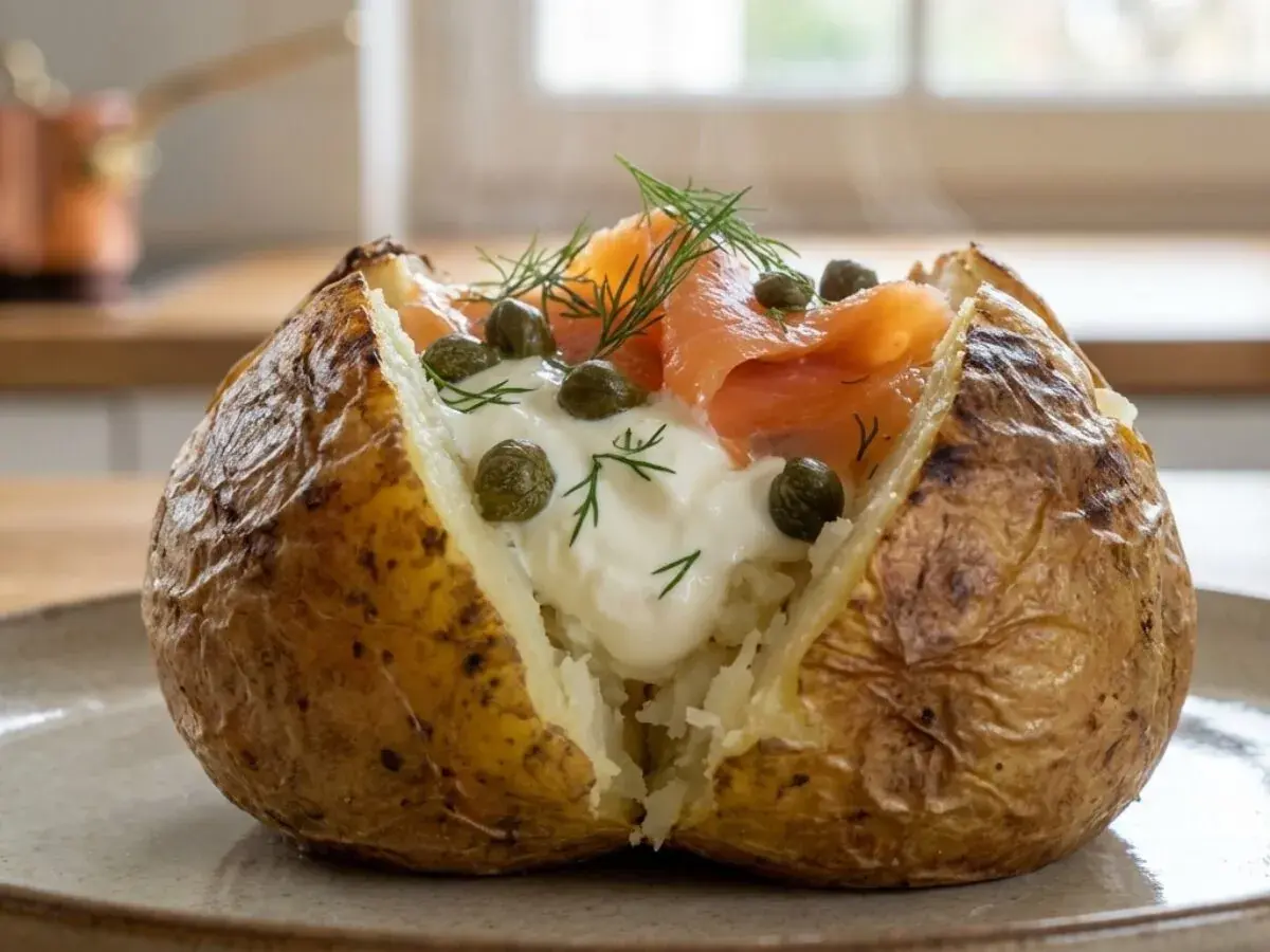 Pomme de terre au four fumante, garnie de crème, saumon fumé, câpres et aneth. Un délice simple et réconfortant.