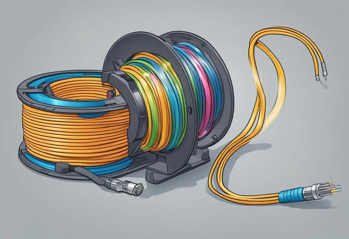 Bobines de câble fibre optique multicolore, prêtes à être déployées sur une longueur maximum.