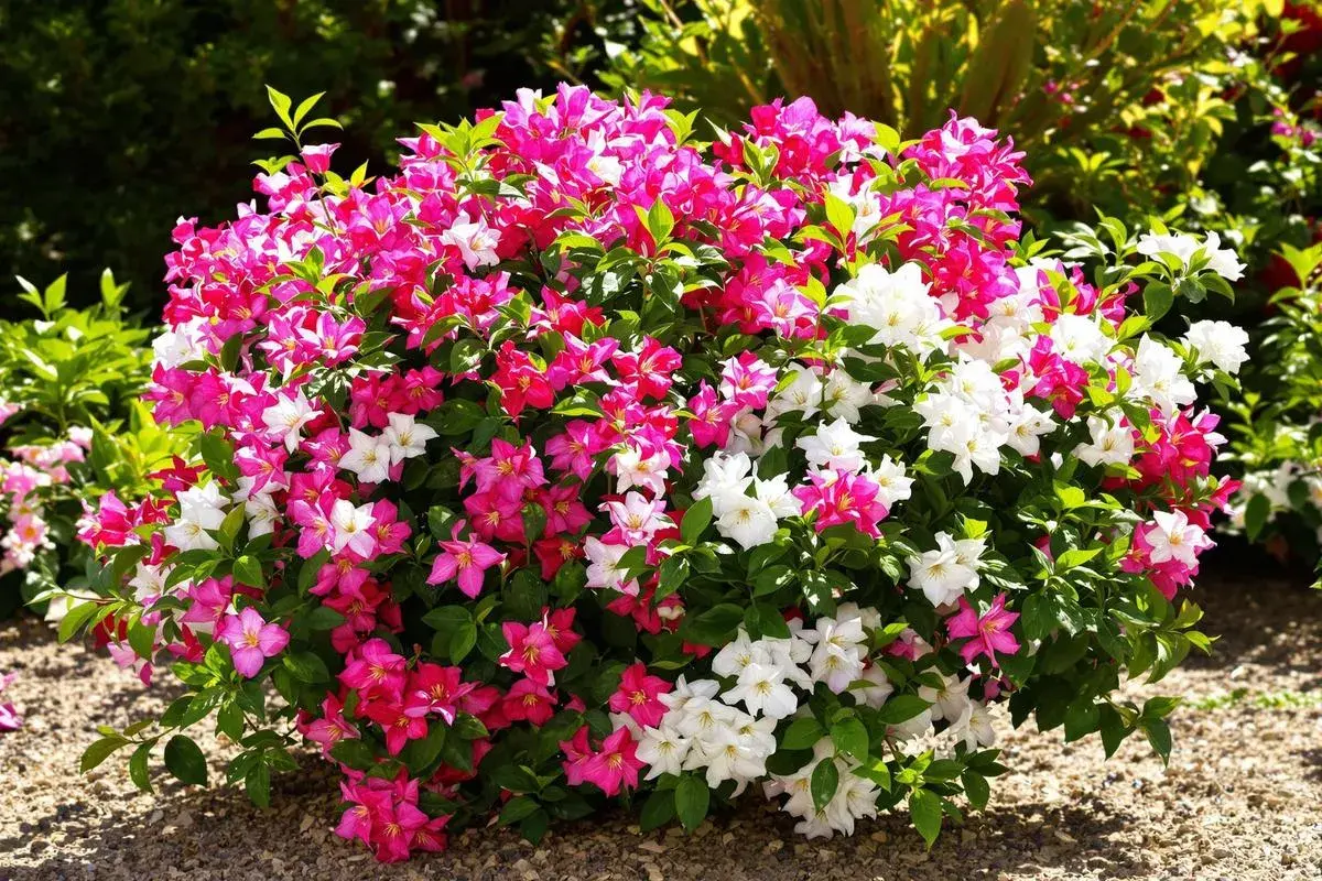 Un buisson de laurier rose en pleine floraison, avec des fleurs roses et blanches éclatantes. Un bon engrais a permis cette magnifique floraison.