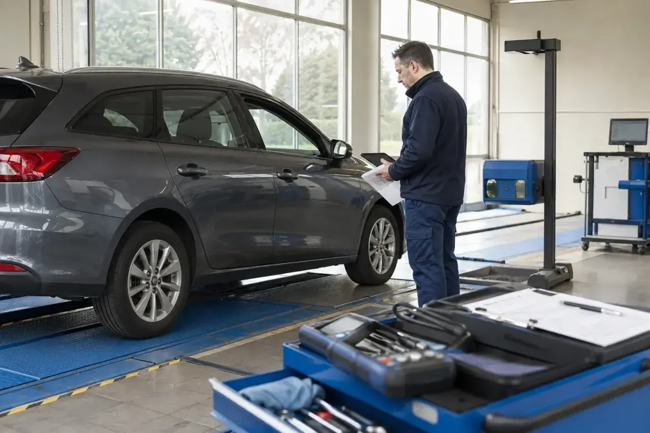 Meccanico con tablet e fogli accanto a un'auto grigia in officina, per l'allestimento auto libretto.
