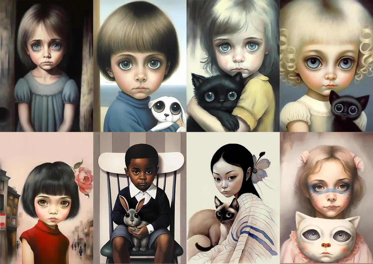 Kolekcja obrazów w stylu Margaret Keane, z wielkimi oczami dzieci i zwierząt. Sprawdź margaret keane obrazy cena.