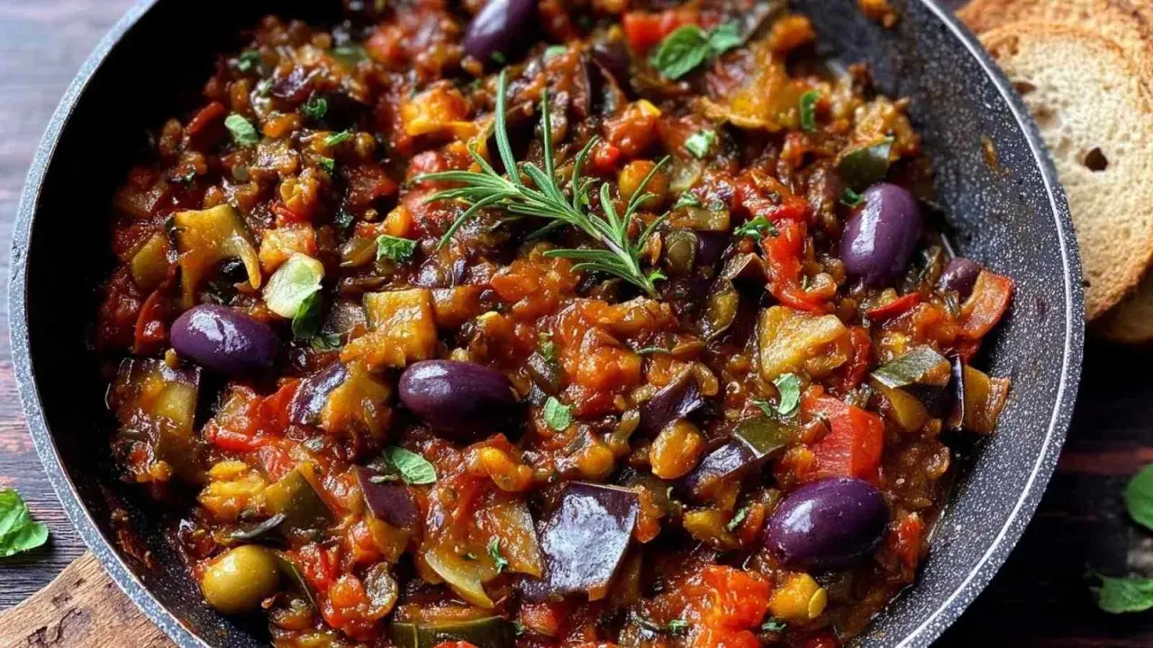 Un plat de caponata sicilienne savoureux, garni d'olives violettes et d'une branche de romarin frais, prêt à être dégusté avec du pain grillé.