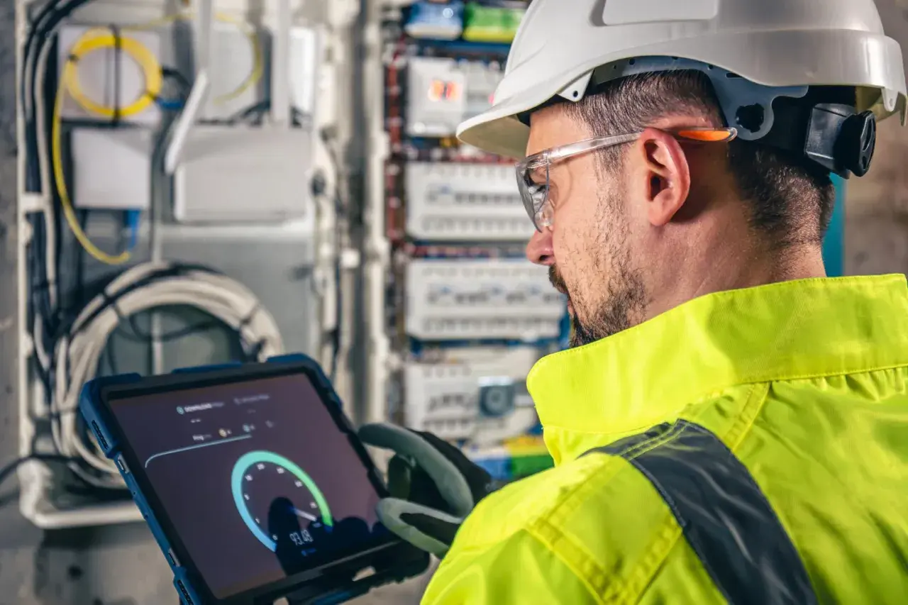 Técnico revisa datos en tablet, cerca de paneles y cables. La pantalla muestra un medidor, indicando el rendimiento de los generadores de calor.