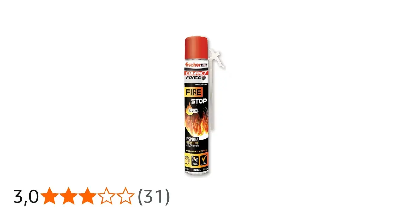 Espuma de poliuretano Fischer "Fire Stop" para aislamiento resistente al fuego. Ideal para sellar huecos y prevenir la propagación del fuego.