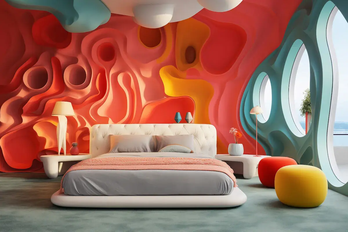 Dormitorio moderno con pared ondulada en tonos coral y amarillo. Cama blanca con ropa de cama gris y manta coral. Inspiración para modernos rayas en el pelo para niños.