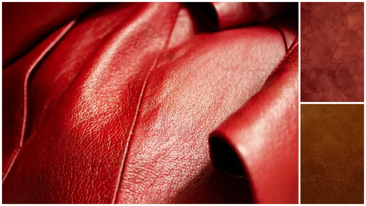 Gros plan sur du skaï rouge plissé, avec des échantillons de textures de skaï rouge et marron. Apprenez comment nettoyer du skaï.