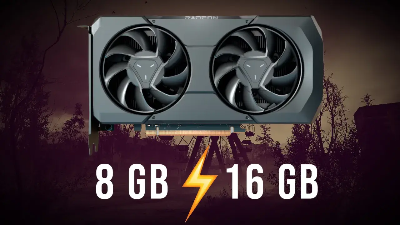 Karta graficzna AMD Radeon Vega 8 z 8 GB i 16 GB pamięci VRAM, na tle opuszczonego wesołego miasteczka.