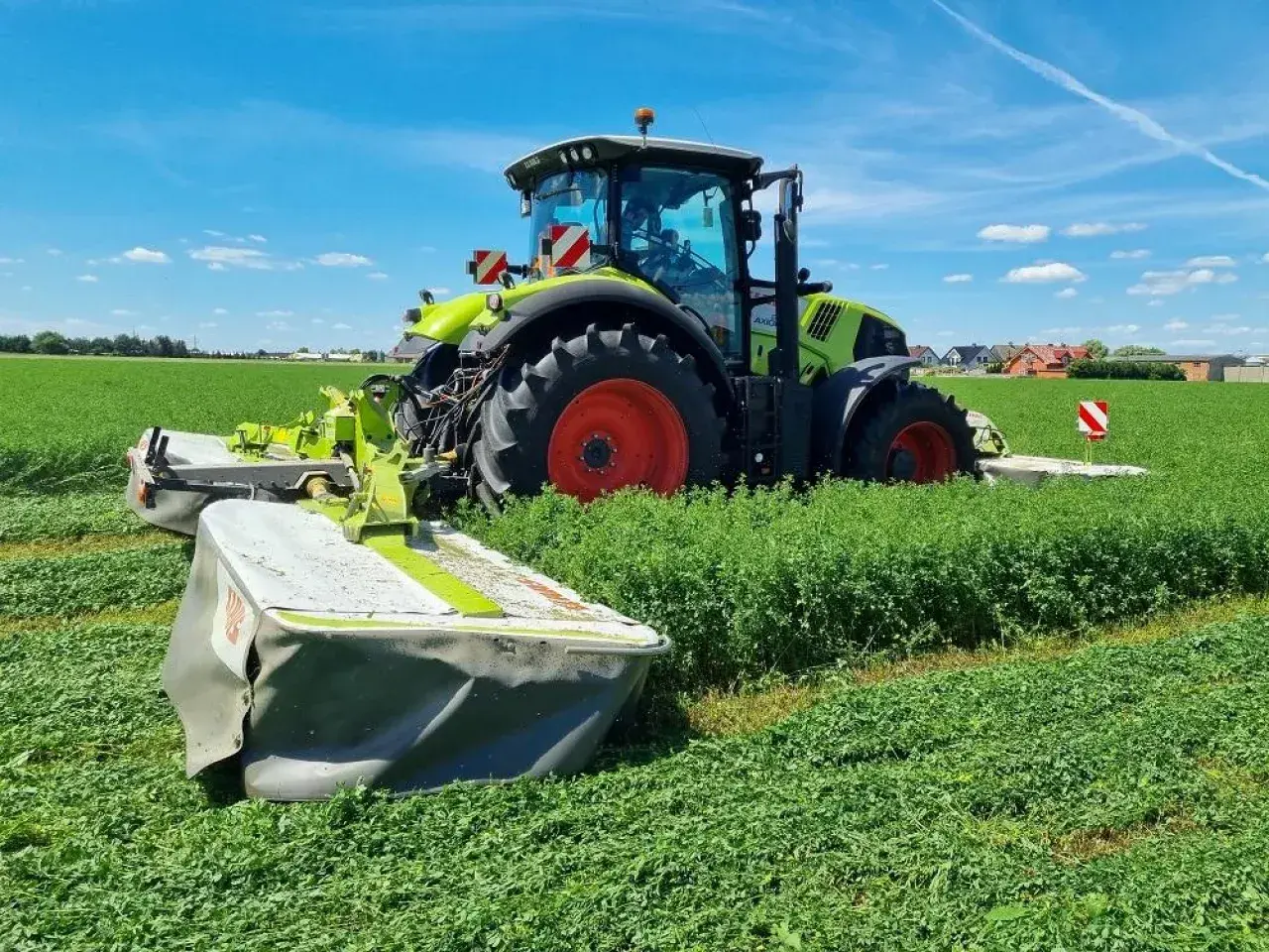 Traktor z kosiarką pracuje na polu lucerny. Rolnik zastanawia się, ile nasion lucerny na hektar będzie potrzebne do zasiewu.