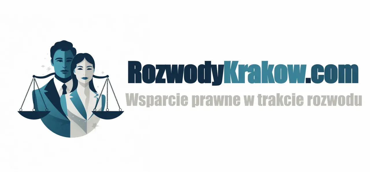 Ilustracja pary prawników z wagą sprawiedliwości i logo RozwodyKrakow.com.