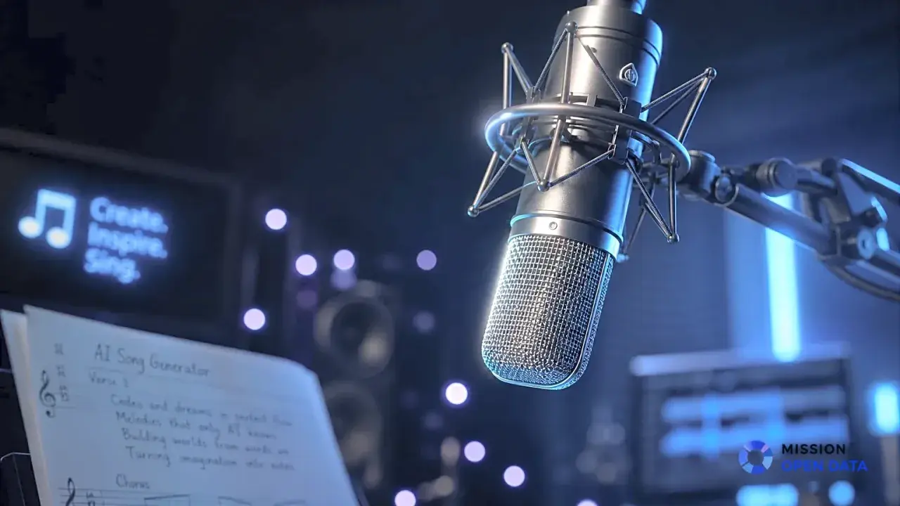 Microphone argenté devant des lumières bleues. Une partition "AI Song Generator" et un écran affichent "Create. Inspire. Sing." pour un refrain musique.