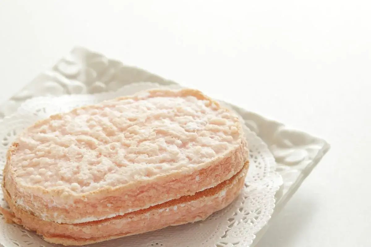 Delicato dacquoise alle nocciole, un dolce leggero e friabile, servito su un piatto bianco con un centrino di pizzo.