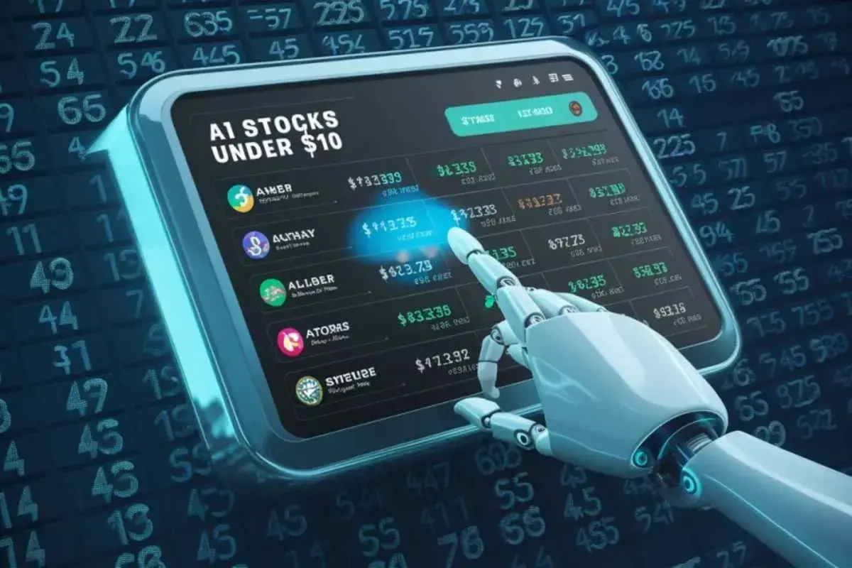 Ein Roboterarm tippt auf ein Tablet mit einer Liste von KI-Aktien unter 10 Dollar, vor einem Hintergrund aus Börsenkursen.