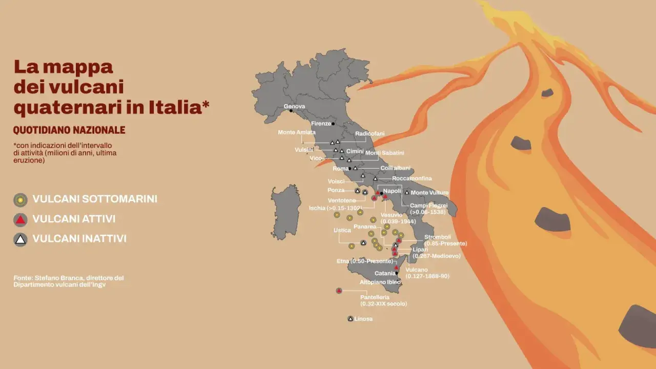 Mappa dei vulcani in Italia: attivi, inattivi e sottomarini, con indicazioni sull'ultima eruzione. Un viaggio nel cuore infuocato della penisola.