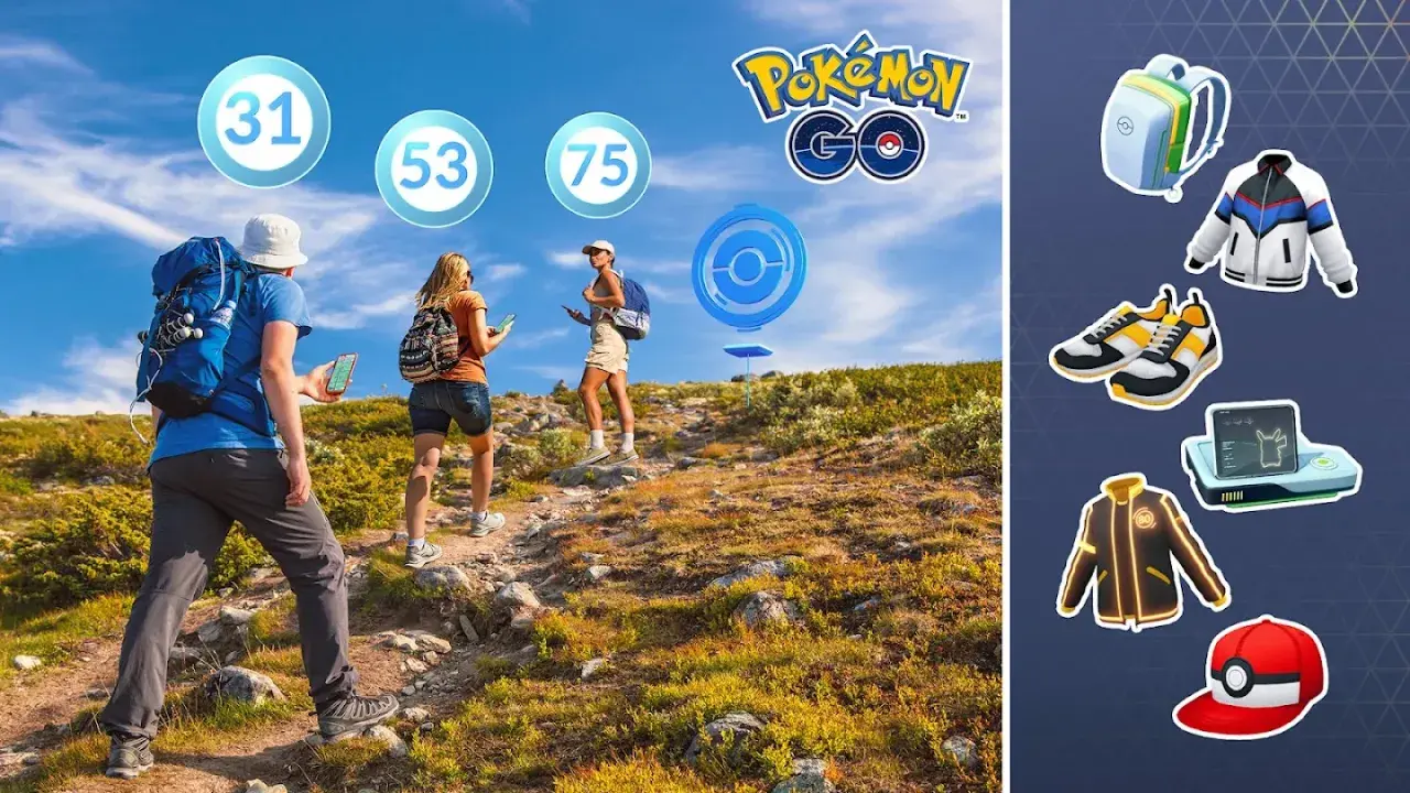 Wskazówki do gry Pokemon Go: gracze wędrujący po górach, cyfry 31, 53, 75, ikony przedmiotów i logo gry.