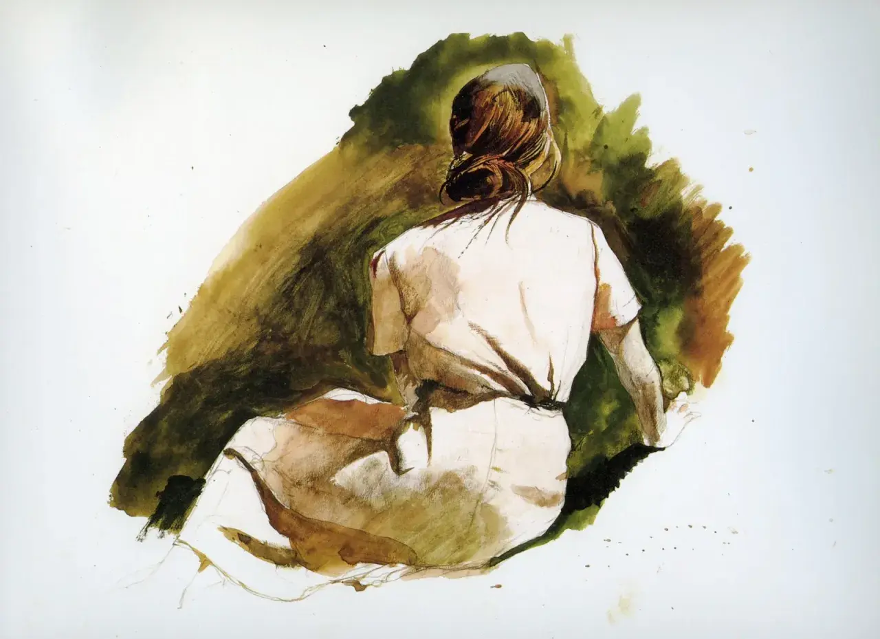 Akwarela w stylu Andrew Wyeth: kobieta w jasnej sukience siedzi tyłem, otoczona zielono-brązowym tłem.