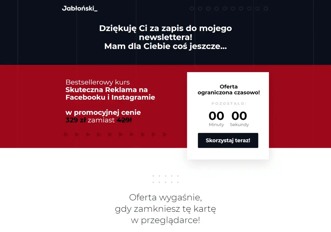 Dziękuję za zapis! Oto Twoja thank you page z ofertą kursu "Skuteczna Reklama na Facebooku i Instagramie" w promocyjnej cenie.