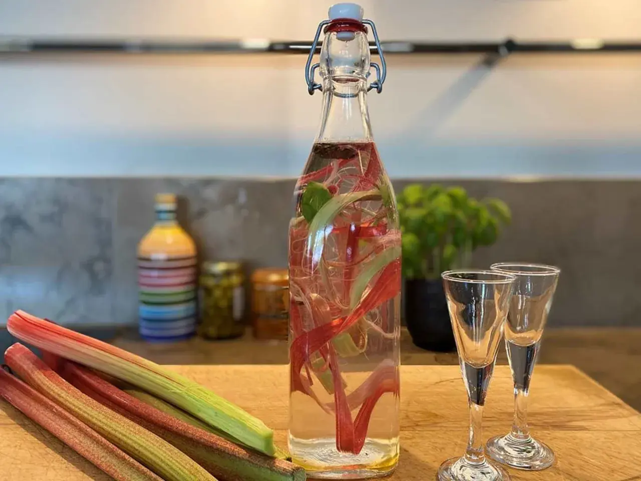 En flaska med rabarberinfusion för egen snaps, bredvid två små glas. Rabarberstjälkar ligger framför.