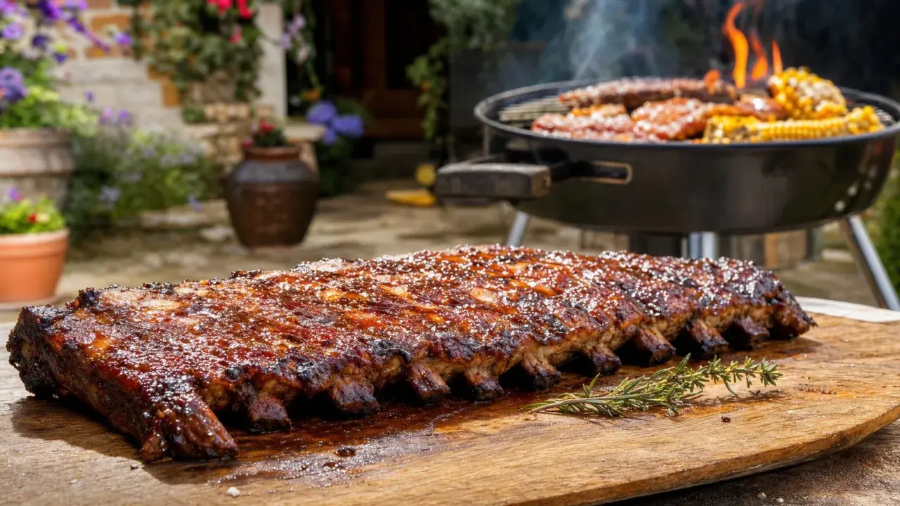 Côtelettes de porc au barbecue, brillantes et caramélisées, sur une planche en bois. Un barbecue fumant avec du maïs et d'autres viandes est visible en arrière-plan.