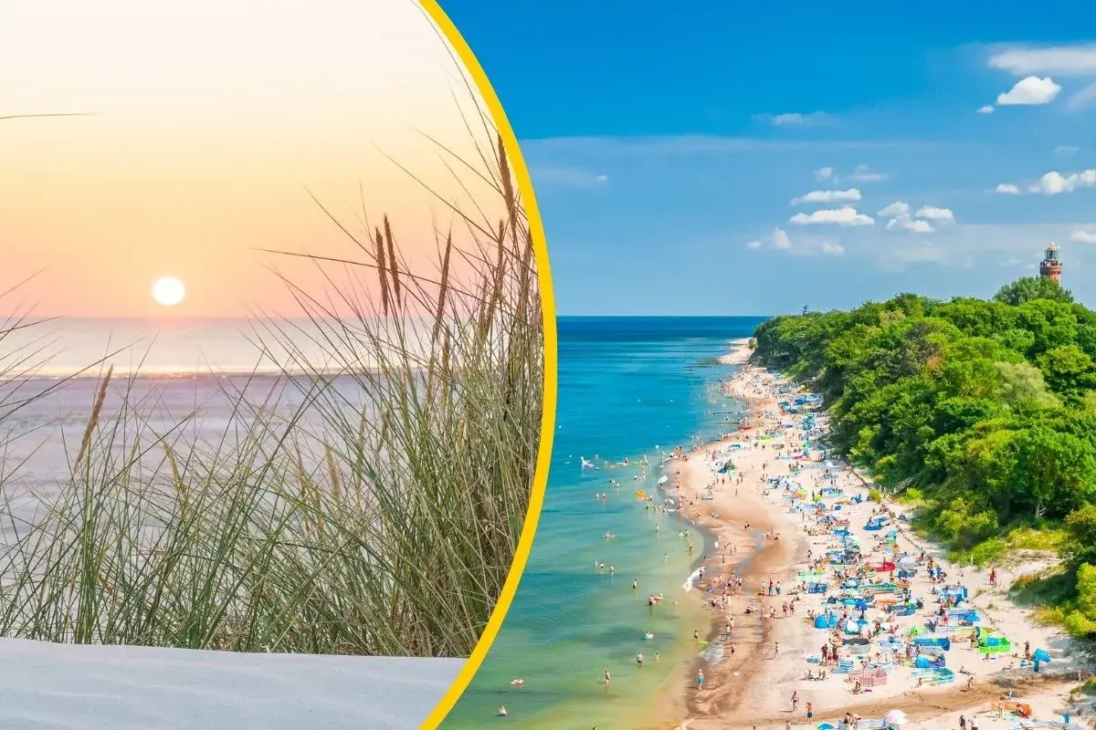 Zachód słońca nad morzem, plaża pełna ludzi i latarnia morska. W tle niebieska flaga, symbol czystej wody.