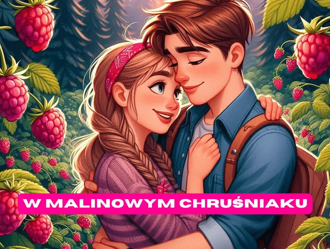 Zakochana para przytula się w malinowym chruśniaku. W tle las i mnóstwo malin.