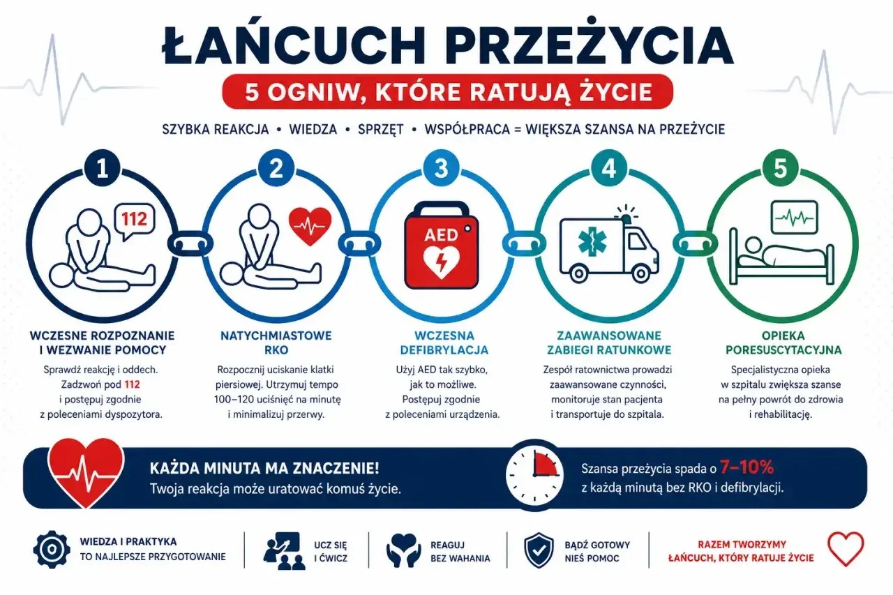 Grafika przedstawia łańcuch ratunkowy: rozpoznanie, RKO, AED, pomoc medyczna, opieka szpitalna. Każdy element to ogniwo ratujące życie.