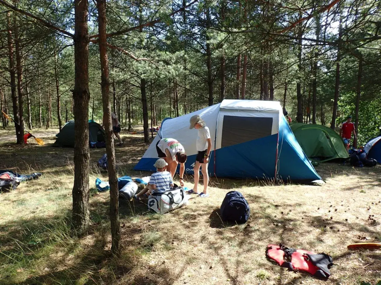 Rodzina rozbija obóz w lesie. Dzieci pomagają przy namiotach, zastanawiając się, jaki śpiwór na lato będzie najlepszy.