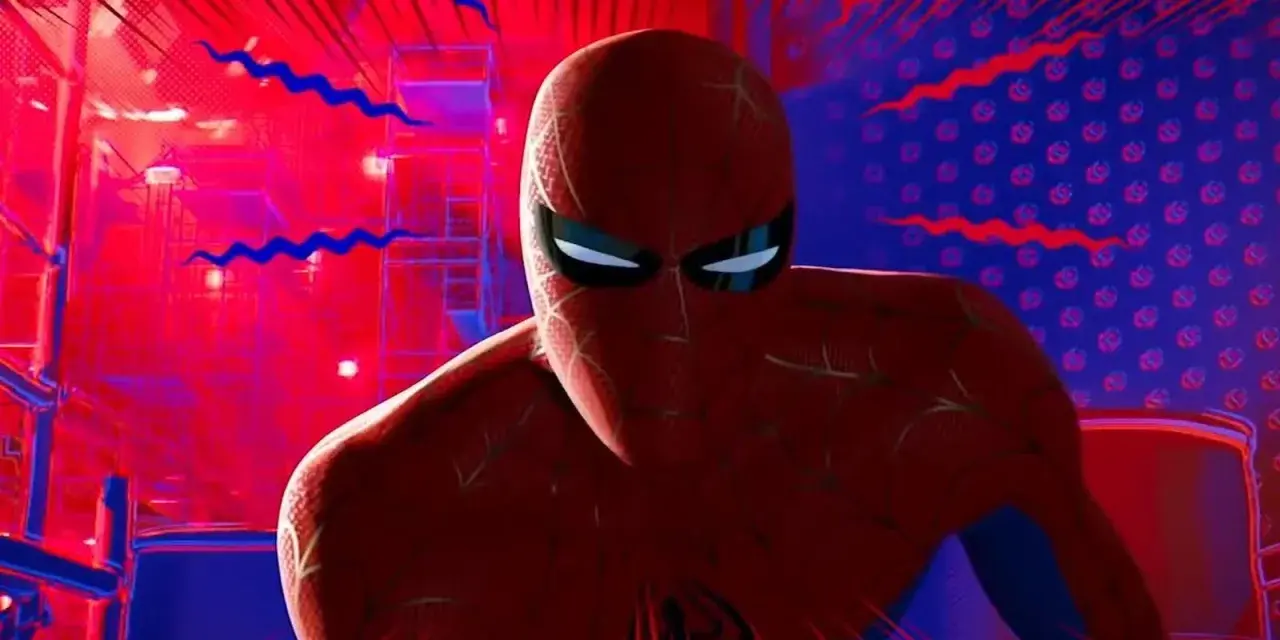 Spider-Man, prêt à utiliser son pouvoir, se tient dans une ville aux couleurs vives, rouge et bleue.