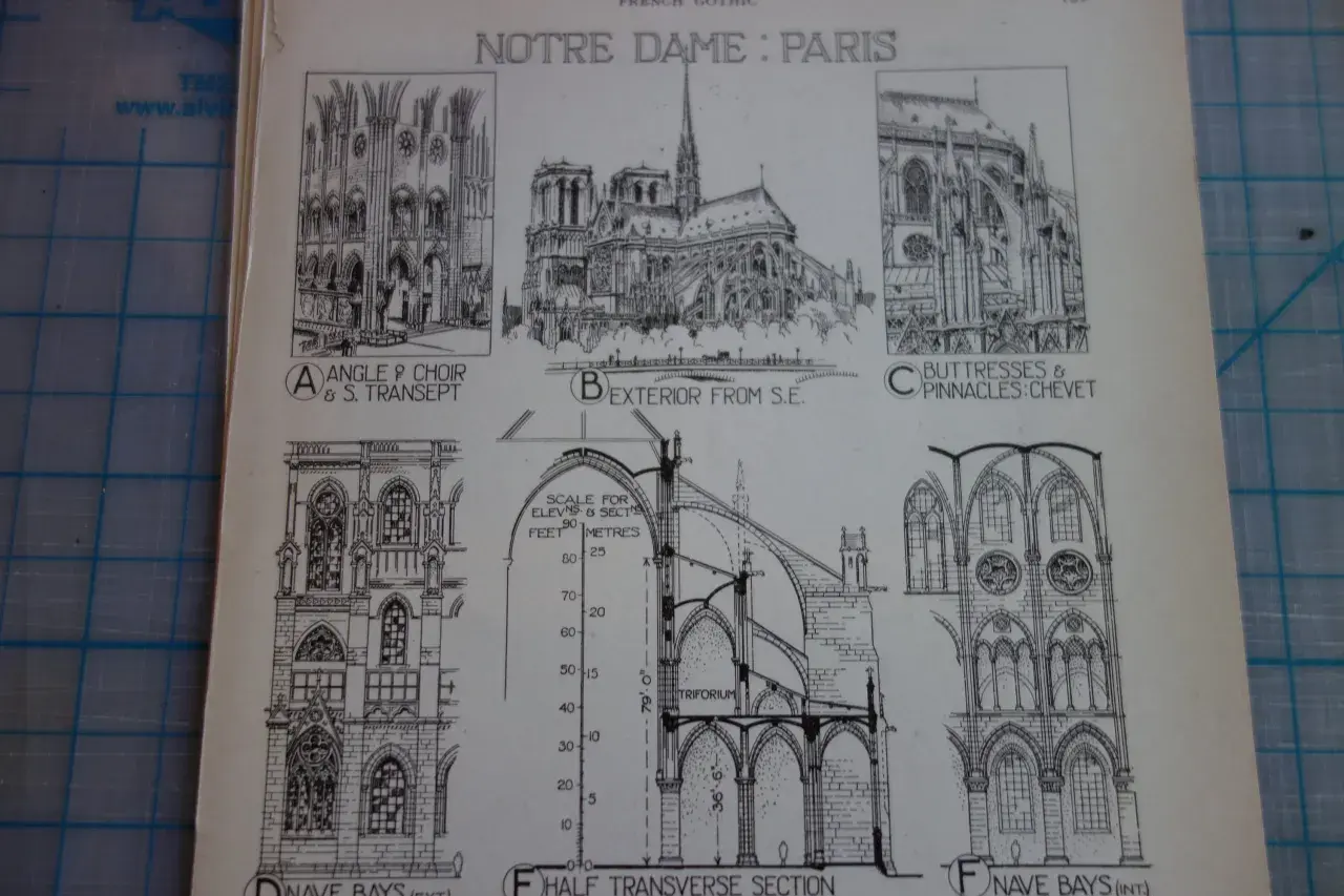 Rysunki architektoniczne katedry Notre Dame w Paryżu: widoki zewnętrzne, przekroje i detale.