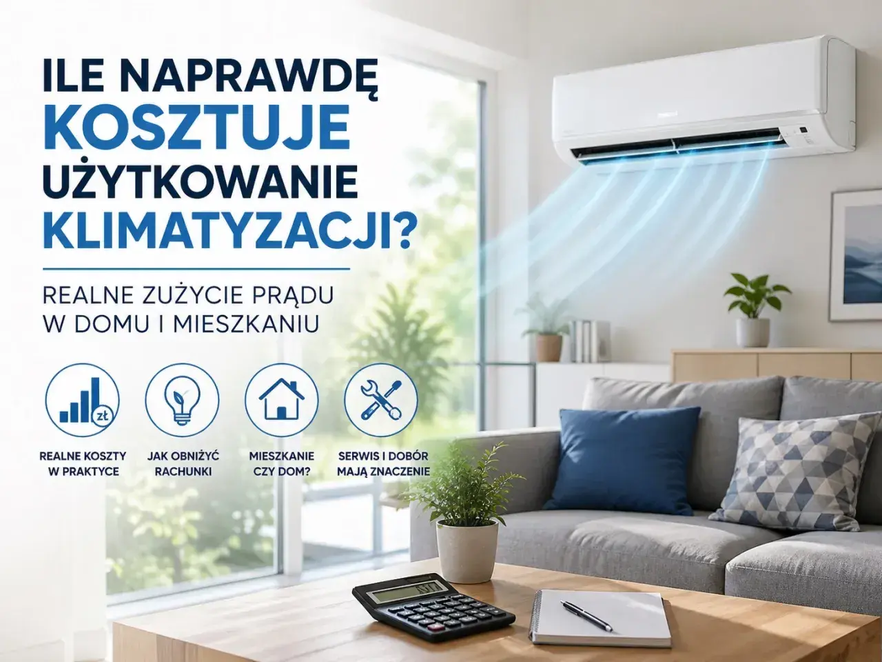 Ile naprawdę kosztuje klimatyzacja? Obraz przedstawia salon z działającą klimatyzacją, kalkulator i notatnik, sugerując analizę kosztów.