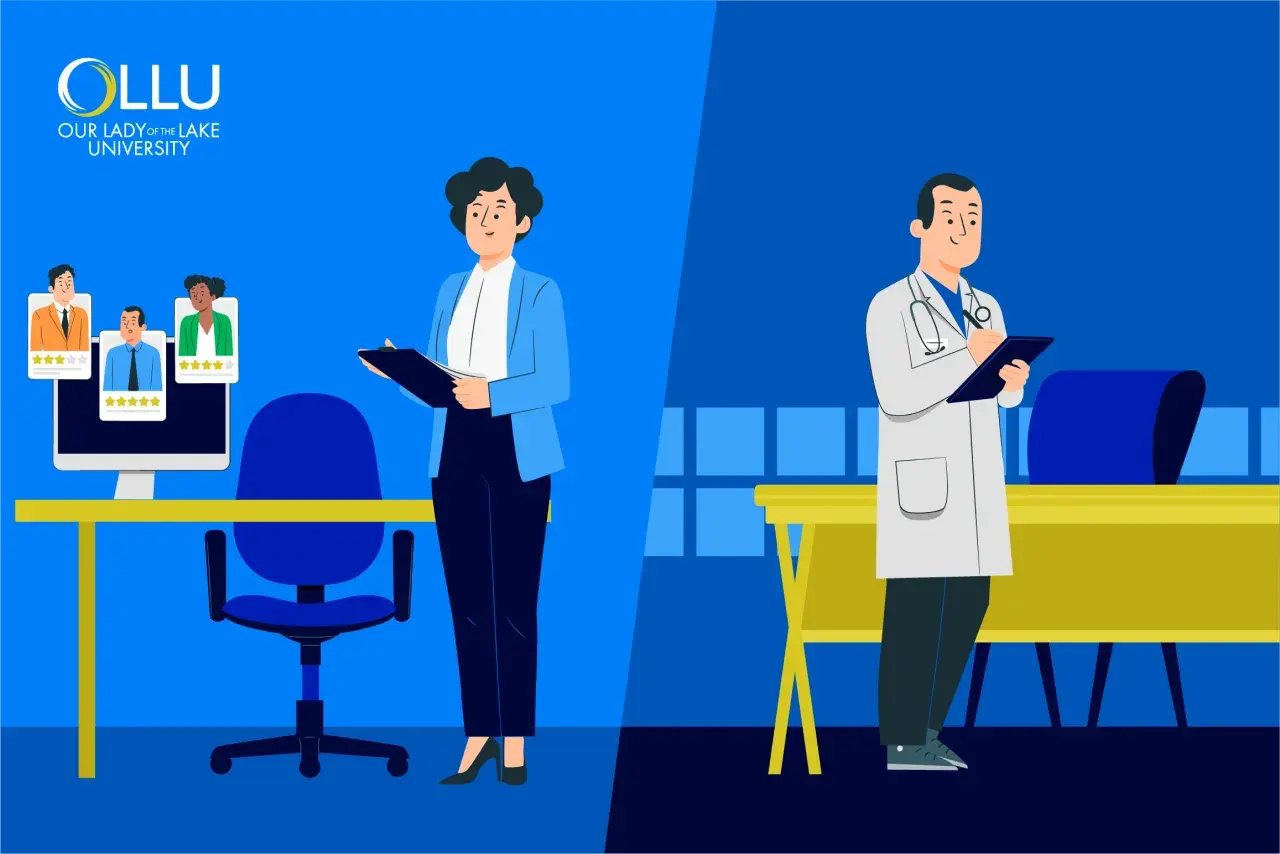 A woman reviews candidate profiles on a computer, while a doctor takes notes. Pursue your online organizational leadership degree at OLLU.