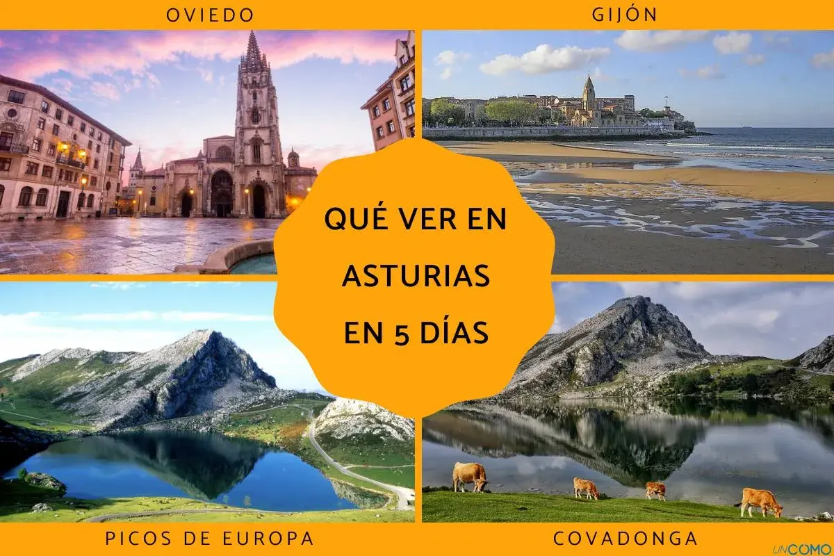 Collage de imágenes de Asturias: Oviedo, Gijón, Picos de Europa y Covadonga. Ideal para planificar qué ver en Asturias en 5 días.