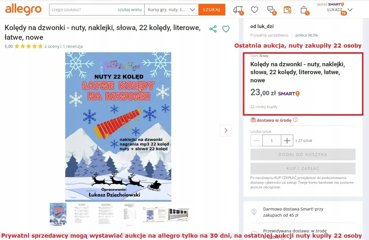 Nuty 22 kolęd na dzwonki chromatyczne, łatwe, literowe, z naklejkami i nagraniami mp3. Ostatnia aukcja, nuty zakupiły 22 osoby.