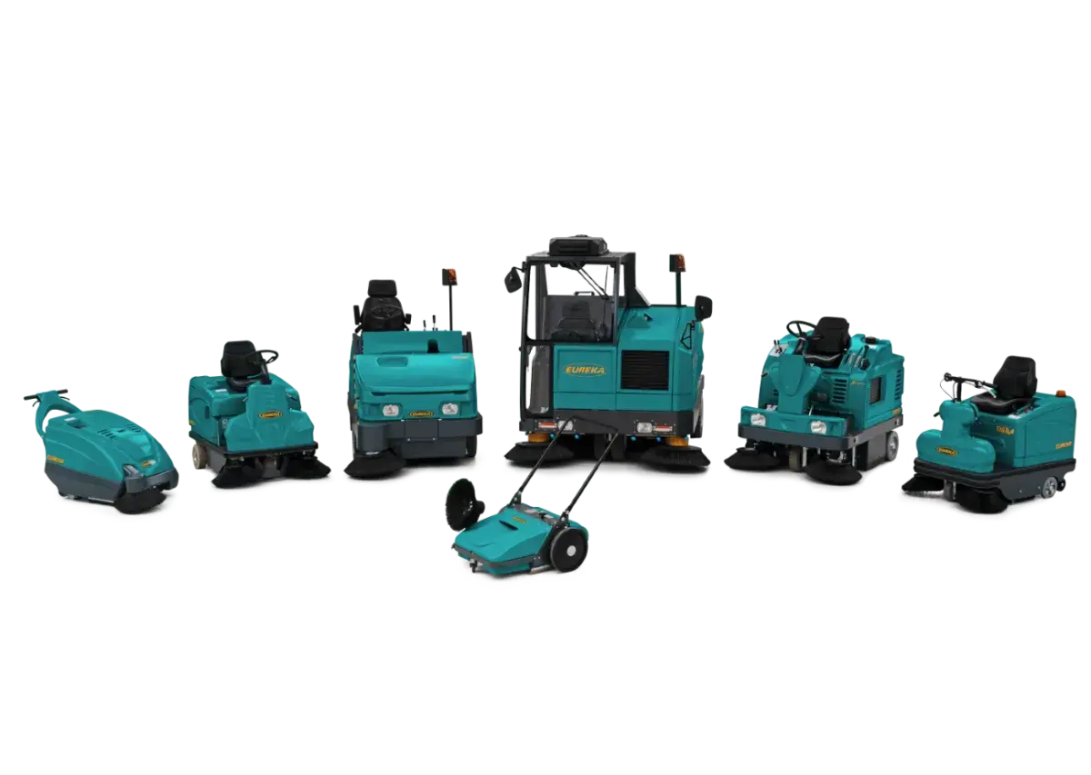 Variedad de equipos de limpieza industrial Eureka, desde compactas barredoras hasta máquinas de conductor acompañante y a bordo, listas para cualquier tarea.