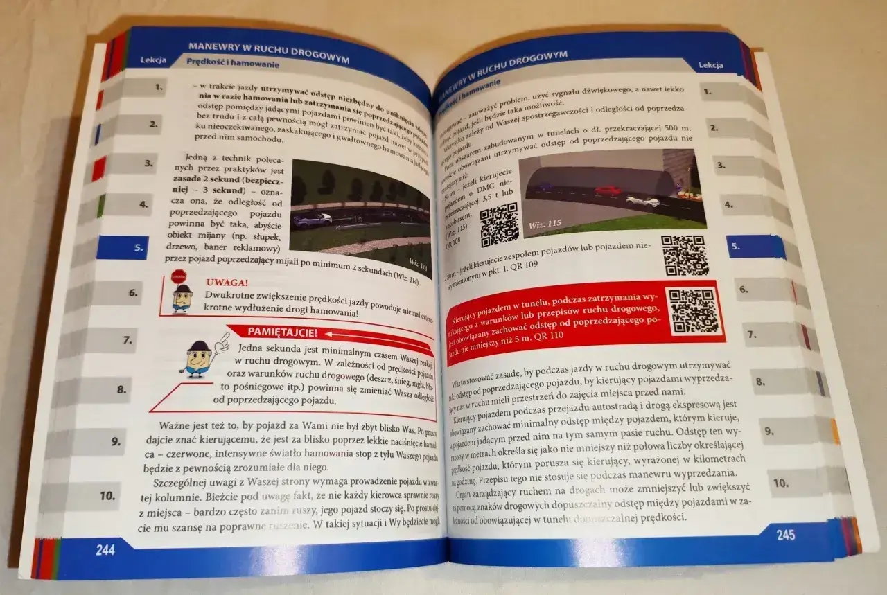 Kategoria c: podręcznik do nauki jazdy z ilustracjami i kodami QR, omawiający zasady zachowania odstępu od innych pojazdów.