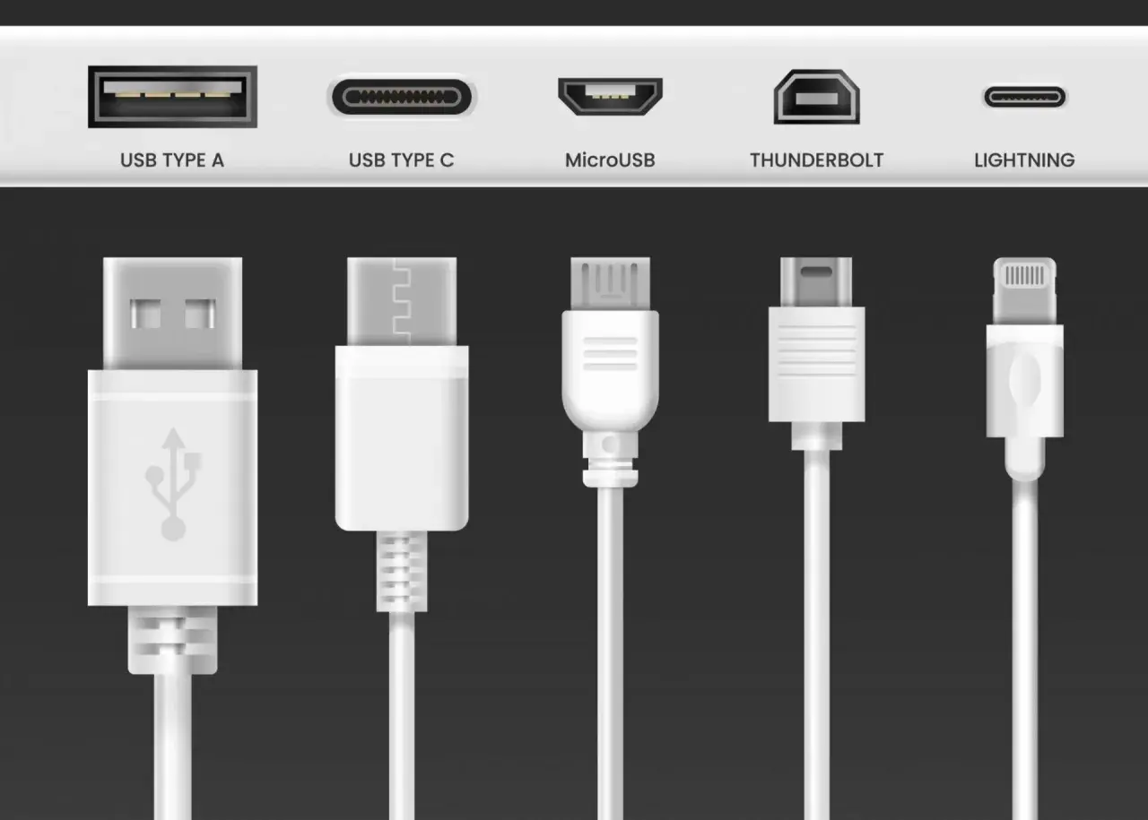 Différents types de connecteurs : USB A, USB C, Micro USB, Thunderbolt, Lightning. Une collection de câbles pour tous vos appareils.