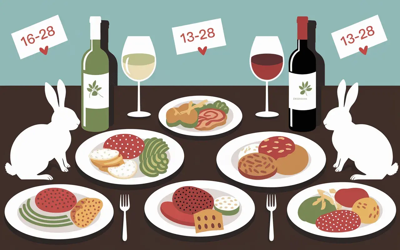 Table dressée avec lapin blanc, assiettes de mets et bouteilles de vin. Quel vin avec du lapin ? Le rouge semble être un bon choix.