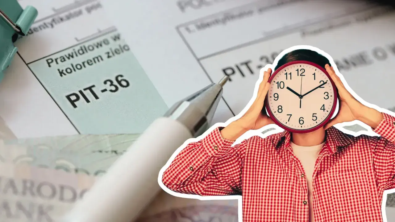 Czas ucieka, a Ty zastanawiasz się, co można odliczyć w PIT. Formularz PIT-36, długopis i zegar symbolizują pilną potrzebę rozliczenia.