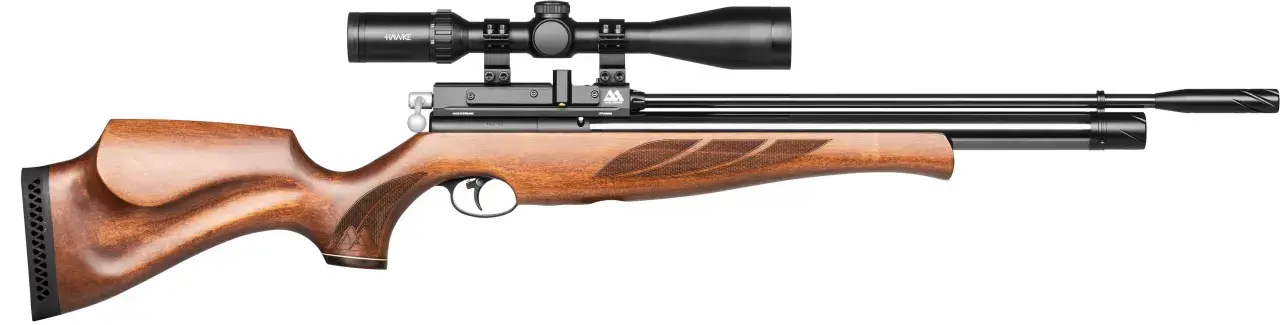 Elegancki karabin pneumatyczny Air Arms S410 z drewnianą osadą i lunetą Hawke.