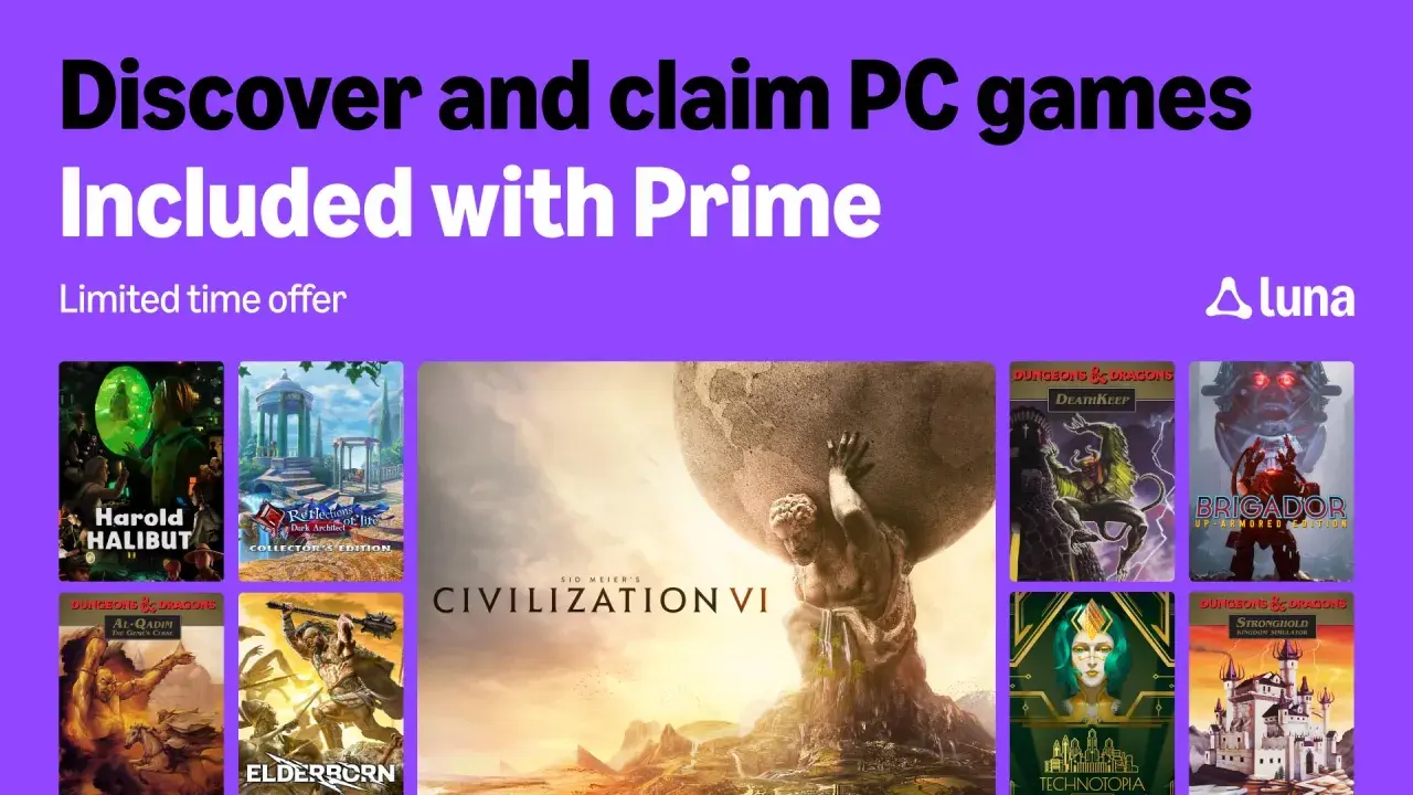 Kolaż okładek gier PC, w tym Civilization VI, z logo Prime Gaming i Amazon Luna.
