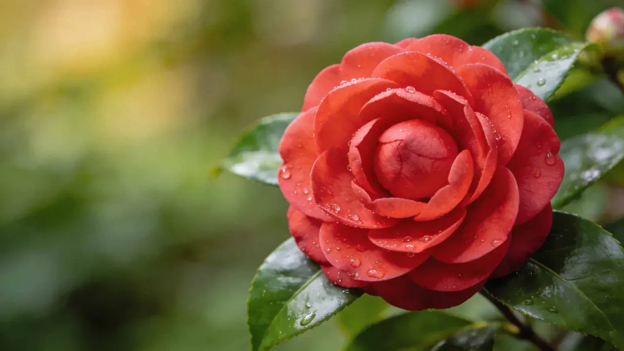 Camélia rouge éclatant, paré de perles de rosée, s'épanouit dans une douce lumière matinale. Une scène paisible, parfaite pour une exposition nord.